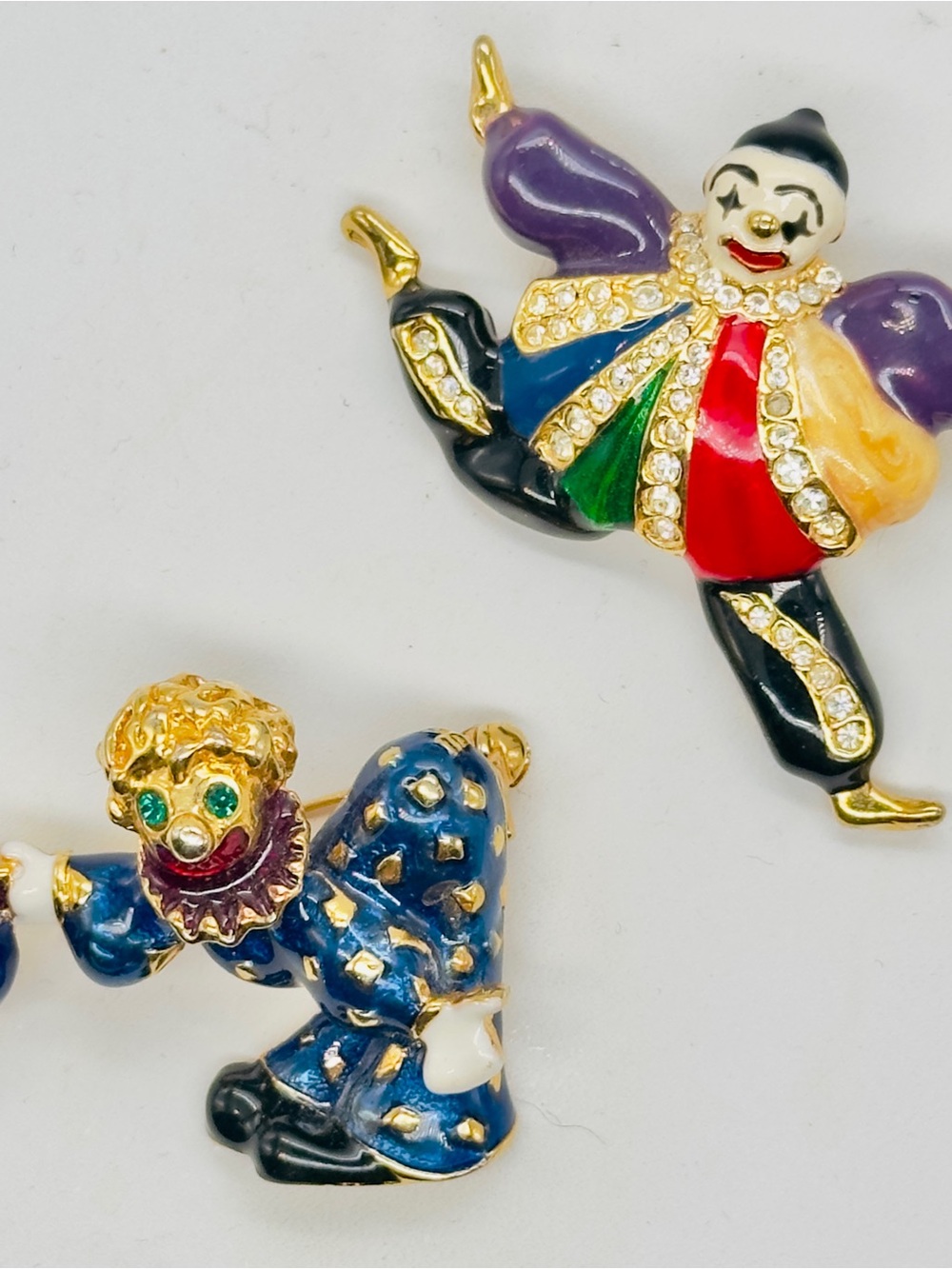 Gold Tone Enamel Multicolor Clown Jester Brooch Pin Lot Set of 2 Rhinestones